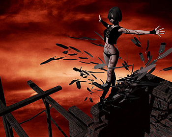 Goth Lady, tattoos, old building, crows feathers, woman HD wallpaper