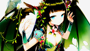 The forest spirit!, awesome, glowing, cute, long hair, goddess, dress, beauty, nice, forest spirit, swet, game, ligh, female, sexy, wings, magic, blue eyes, horns, gloves, beautiful, fruits, black hair, anime girl, spirit, anime, fantasy, pretty, lights, cool, pink flowers, flowers HD wallpaper