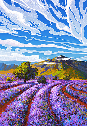 Landscape, Art, Mountain, Field, Lavender HD phone wallpaper