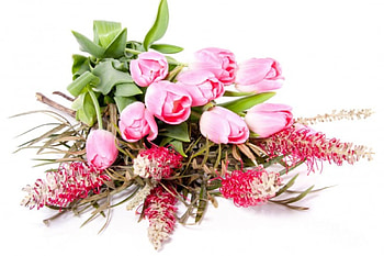 Sweet tender tulips, bouquet, present, gift, spring, tulips, precious, sweet, entertainment, soft, fresh, arrangement, special, fashion, pink, love, green, lovely, cut, forever HD wallpaper