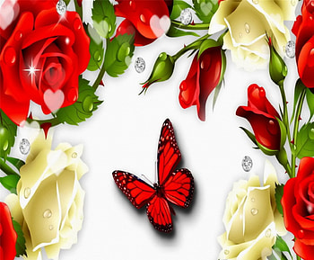 Butterfly Roses, colorful, white, roses, leaves, butterfly, bright, green, sparkle, floral art, red, hearts, flowers, diamonds HD wallpaper