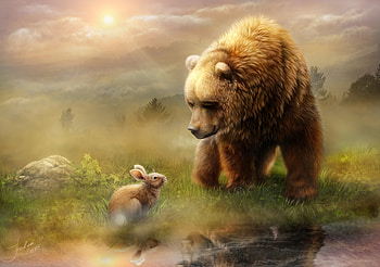 Art, Friendship, Bear, Hare, Meeting HD wallpaper