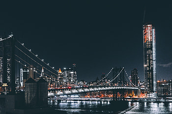 Brooklyn bridge, buildings, night, city HD wallpaper