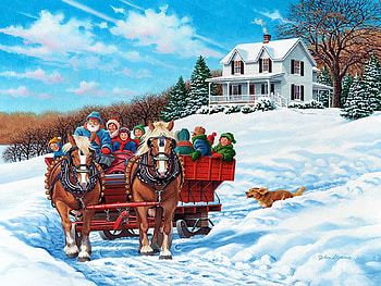 The More, the Merrier, people, snow, dog, winter, horse, sleigh, house HD wallpaper