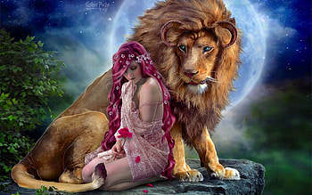 Beauty and The Beast, fairy tale, lion, beauty, moon, magical, fantasy girl, Red hair, Fantasy art, beast, lovely HD wallpaper