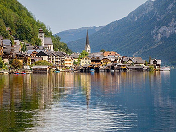 Reflection, water, homes, mountain, reflect HD wallpaper