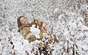 Enjoying the winter, winter, animal, dog, puppy, snow, nature, girl, people HD wallpaper