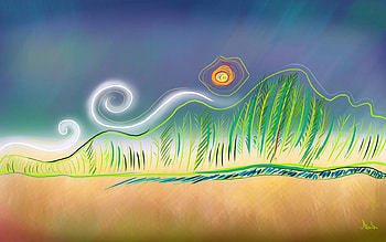 Forest, river, sun, drawing HD wallpaper