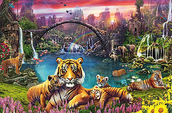 Tigers, painting, cub, art, tiger, pictura, tigru, bridge, water HD wallpaper