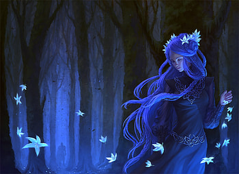 Fantasy girl, blue, frumusete, woods, fantasy, magical, girl, luminos, forest HD wallpaper