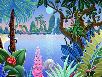 Artistry, moon, palmtree, flowers, egret, water, blossom, tree HD wallpaper