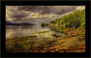 Lake., house, sky, nature, lake, rock, cloud, tree HD wallpaper