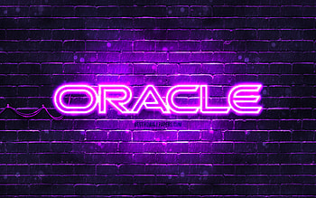 Oracle violet logo, , violet brickwall, Oracle logo, brands, Oracle neon logo, Oracle HD wallpaper