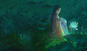 Mermaid and Magical Lotus, digital, mermaid, pretty, art, fantasy, water, siren, lotus HD wallpaper
