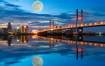 Moon over Bridge, bridge, reflection, lights, Moon HD wallpaper