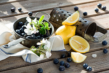 Flowers, Food, Tablewares, Bilberries, Lemon HD wallpaper