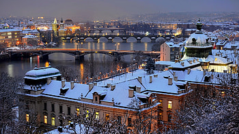 Winter wonderland, Snow-covered streets, Festive ambiance, Prague's magical season HD wallpaper