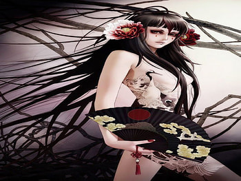 Sexy of Tattoo, jx online, tattoo, rose heah, rose, wow, female, sexy, chinese fan, alone, zhang xiaobai, hot, black hair, fan, dark, anime girl, cool HD wallpaper