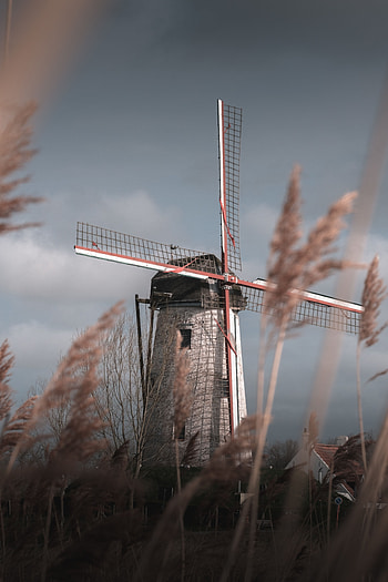 Nature, Grass, Sky, Wind, Mill HD phone wallpaper