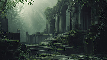 Enchanted Forest Ruins, ruin, ancient ruin, nature, Overgrown, fog HD wallpaper