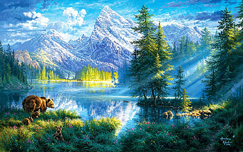 Mountain Morning, bears, artwork, painting, trees, mountains, lake HD wallpaper