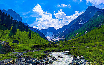 Braunwald, Switzerland, creek, valley, clouds, sky, alps, stones HD wallpaper