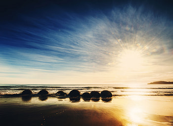 Sunrise, Nature, Stones, New Zealand, Ocean, Rise HD wallpaper