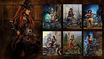 The Guardian, harley, huntress, alchemist, collage, Diva, seduction, prodigy, saboteur, motorbike HD wallpaper
