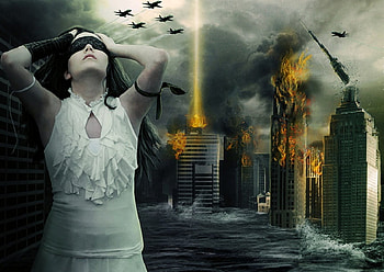 Blind to the Destruction, buildings, destruction, flood, blindfold, abstract, fantasy, planes, female HD wallpaper