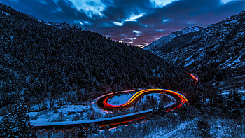 Road, light, sky, forest, mountains, nature HD wallpaper