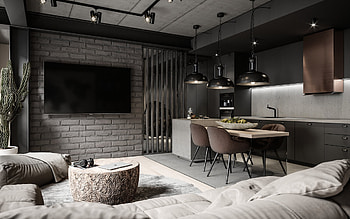 living room, stylish interior design, loft style, black kitchen furniture, gray walls in the living room, concrete walls, living room loft, dining room, dining room idea HD wallpaper