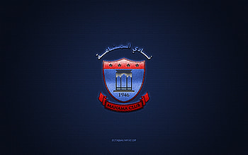 Manama Club, Bahraini football club, Bahraini Premier League, red logo, blue carbon fiber background, football, Manama, Bahrain, Manama Club logo HD wallpaper