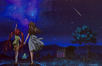 Counting the stars, night, air tv, falling star, stars, michiru, tree, artistic, air, sky, tohno minagi, romantic HD wallpaper