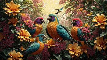 Colorful Birds, bird, colorful, flower, jungle, tree HD wallpaper
