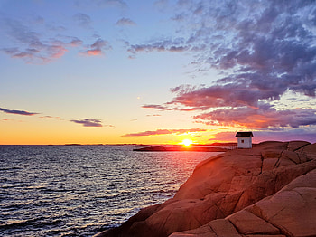 Nature, Sunset, Sea, Rocks, Coast, Hut HD wallpaper