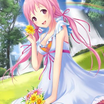 Maiden, long hair, dress, beauty, nice, lady, flower, , female, sweet, scene, ribbon, girl, beautiful, grass, anime girl, pink, anime, pretty, field, gown, lovely HD wallpaper