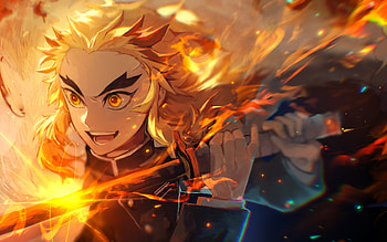 Kyojuro Rengoku, fire flames, Demon Hunter, artwork, Rengoku Kyojuro, Kimetsu no Yaiba, samurai, battle, Kyojuro Rengoku Demon Slayer, manga, Demon Slayer HD wallpaper