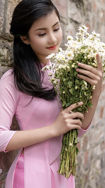 mood, brunette, flower, bouquet, pink dress, model, woman, asian HD phone wallpaper