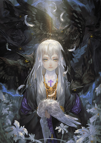 Fantasy, anime girl and birds, owl, art HD phone wallpaper
