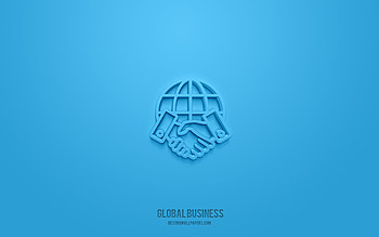 Global business 3d icon, blue background, 3d symbols, Global business, business icons, 3d icons, Global business sign, business 3d icons HD wallpaper