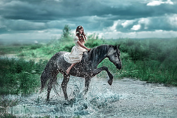 After the storm, cowgirl, horse, midel, cal, girl, water, cloud, woman, storm HD wallpaper