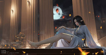 Moonlight, window, fantasy, moon, shiwen liu, luna, girl, elf HD wallpaper