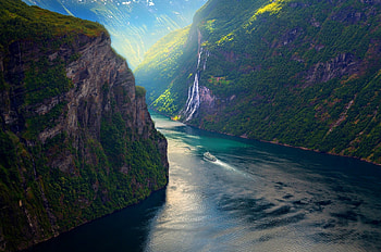 The Pass, green foliage, ship, canal, Norway, morning lights, beautiful, summer, cliffs, Geirangerfjord, mountains HD wallpaper