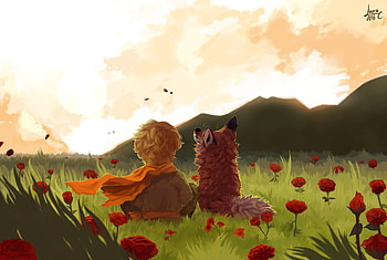 Landscape, Flowers, Art, Mountains, Fox, Field, Child HD wallpaper