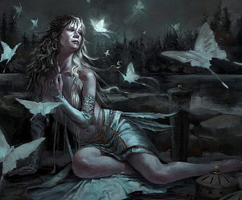 White Butterflies, night, white, glow, beautiful, long hair, beauty, lake, woman, butterflies, lady, fantasy, abstract, water, fantasy woman, forest, female HD wallpaper