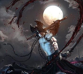 Night demon, night, view from down, man, demon, moon, hanho lee, fantasy, luna, luminos HD wallpaper