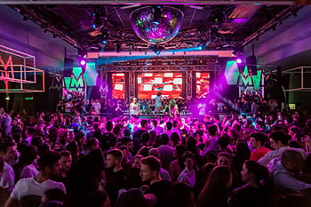 Dynamic crowd at a lively nightclub in Mantua, Italy, with vibrant lights and energetic atmosphere. HD wallpaper