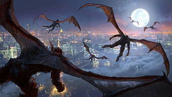 Dark Vampire Flight: Cityscape Under Moonlight, dark, vampire HD wallpaper