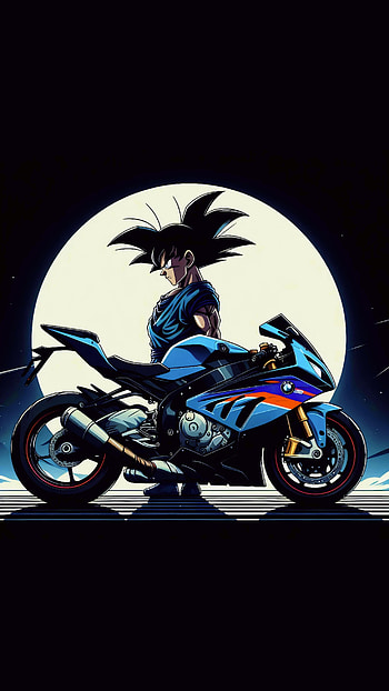 Goku standing near a BMW S1000RR in front of a moon , blue black background, Goku, Anime, BMW, Dragon Ball HD phone wallpaper