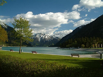 Achensee in Spring, trees, grass, sky, lake HD wallpaper